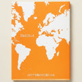 World map on an orange background with text at the bottom