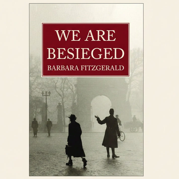 Book cover of 'We Are Besieged' by Barbara Fitzgerald with a black and white scene of people walking.