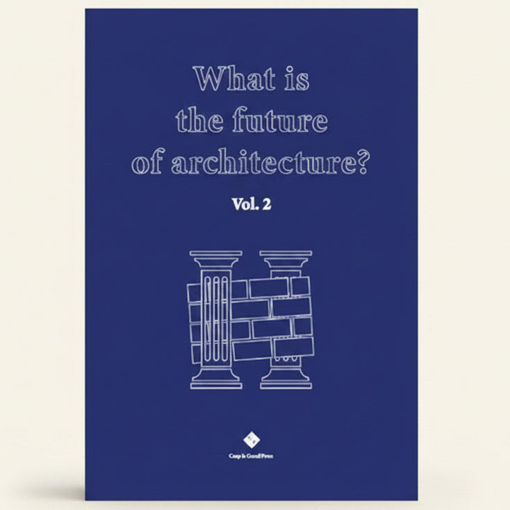 Book cover with text 'What is the future of architecture? Vol. 2' on a blue background