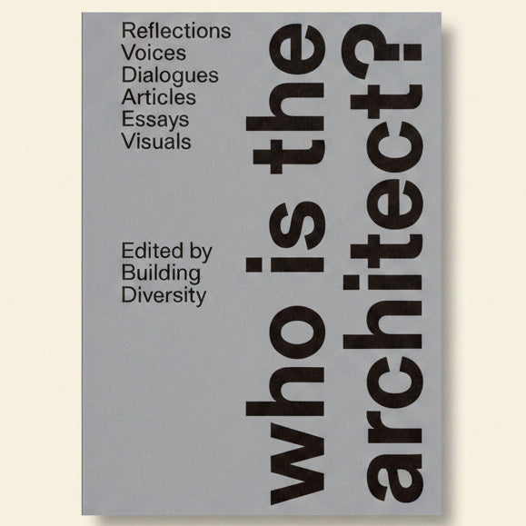 Book cover with text 'who is the architect?' on a gray background