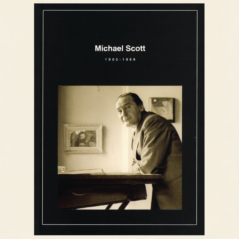 Book cover with a black border featuring a sepia-toned photograph of a man sitting at a desk, with 'Michael Scott' and dates printed above.