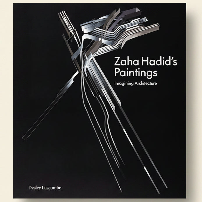 Book cover of 'Zaha Hadid's Paintings: Imagining Architecture' with abstract architectural design on a black background.