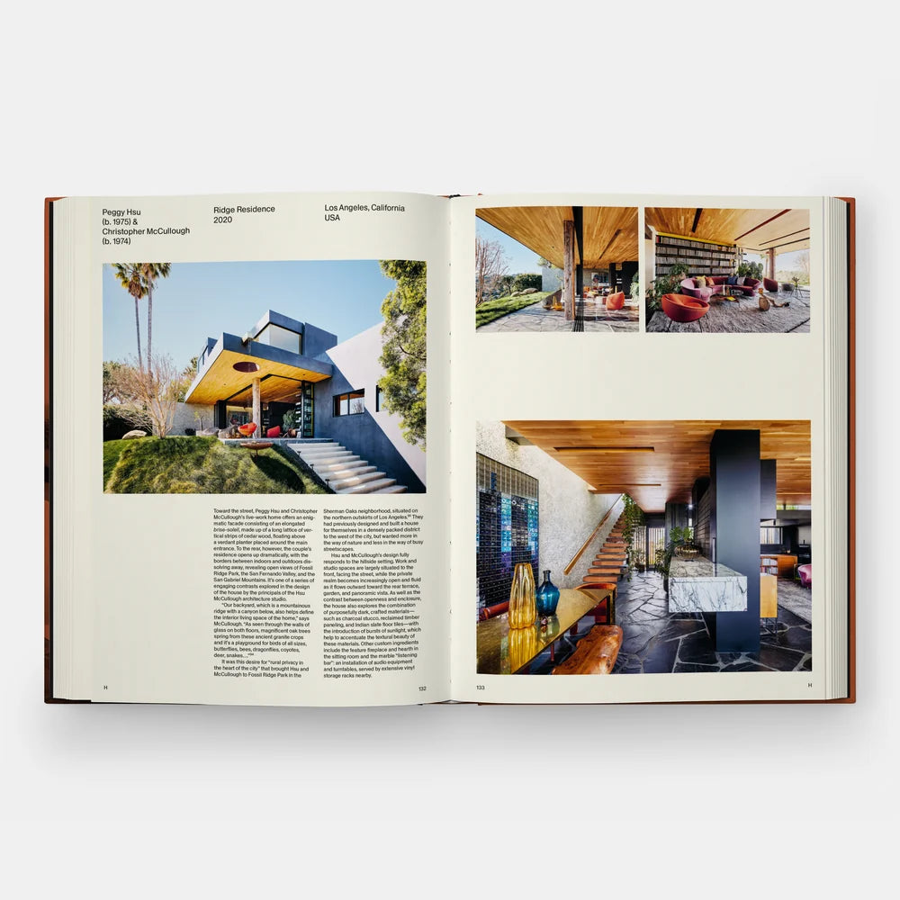 An open architectural book or magazine spread showing a modern house exterior on the left page and interior photos on the right, photographed against a clean white background.