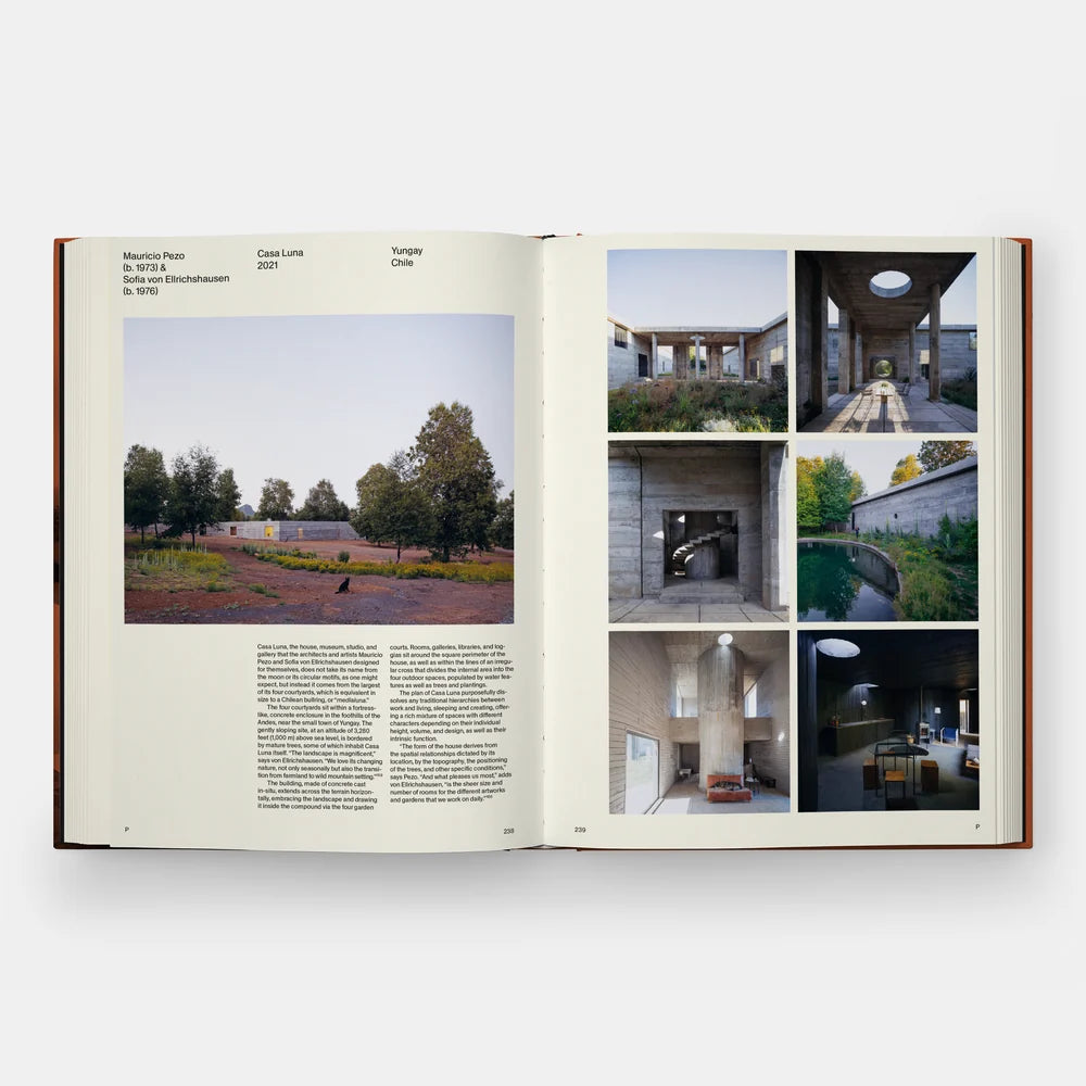An open architectural photography book spread on a light gray background, showing a large landscape photo on the left page and a six-image collage on the right page.