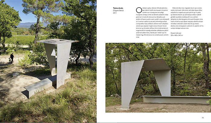 A two-page spread from an architectural publication or catalog, featuring a concrete sculpture in an outdoor garden setting. The left page shows a wide outdoor shot of the sculpture, and the right page shows a smaller inset photo of the same sculpture with surrounding text.