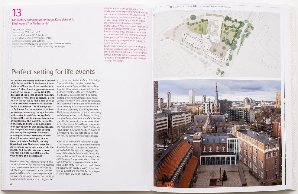 An open printed magazine or brochure spread on a white background, showing a city courtyard photograph on the right page and article text plus a small architectural plan on the left page.