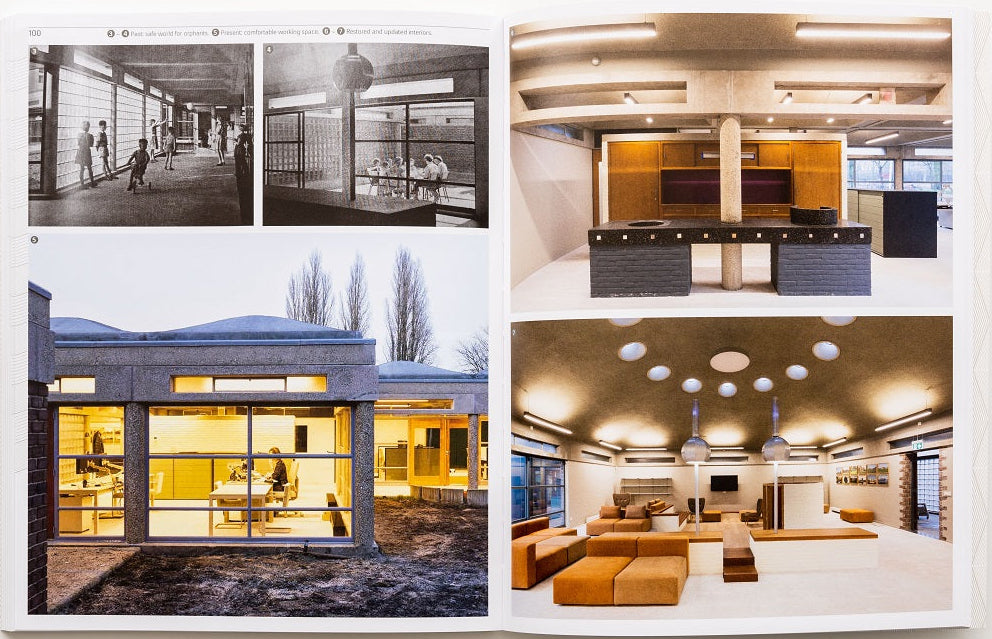 An open book or magazine spread showing four interior and exterior architectural photographs printed on the pages, photographed against a plain light background.