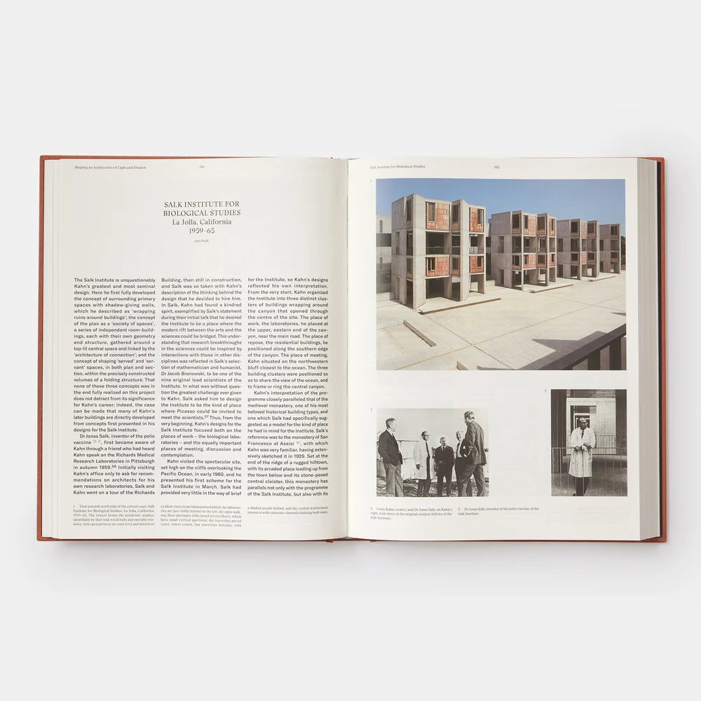 Open book with text and images of a building and people on a white background