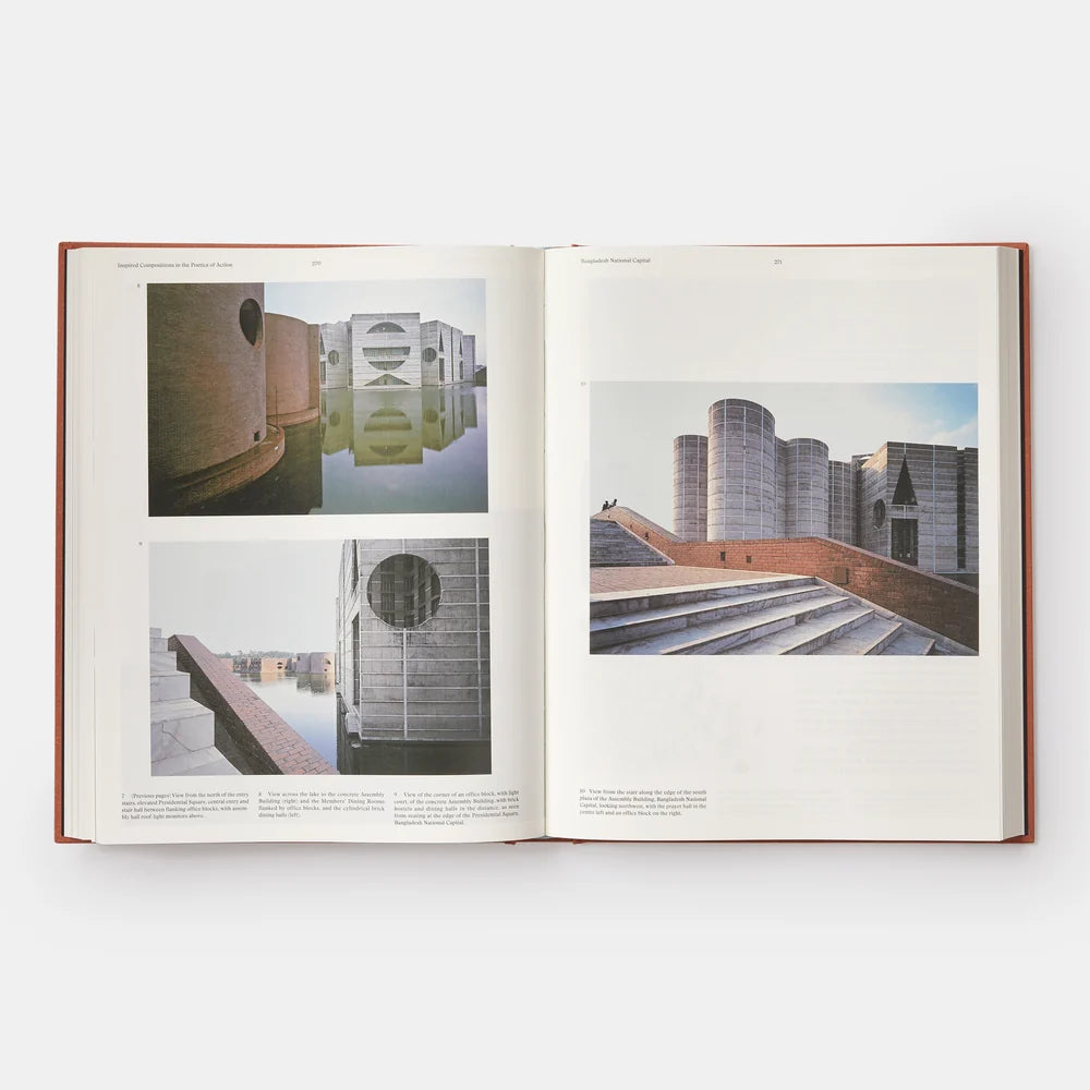 Open book showing architectural photographs on a white background