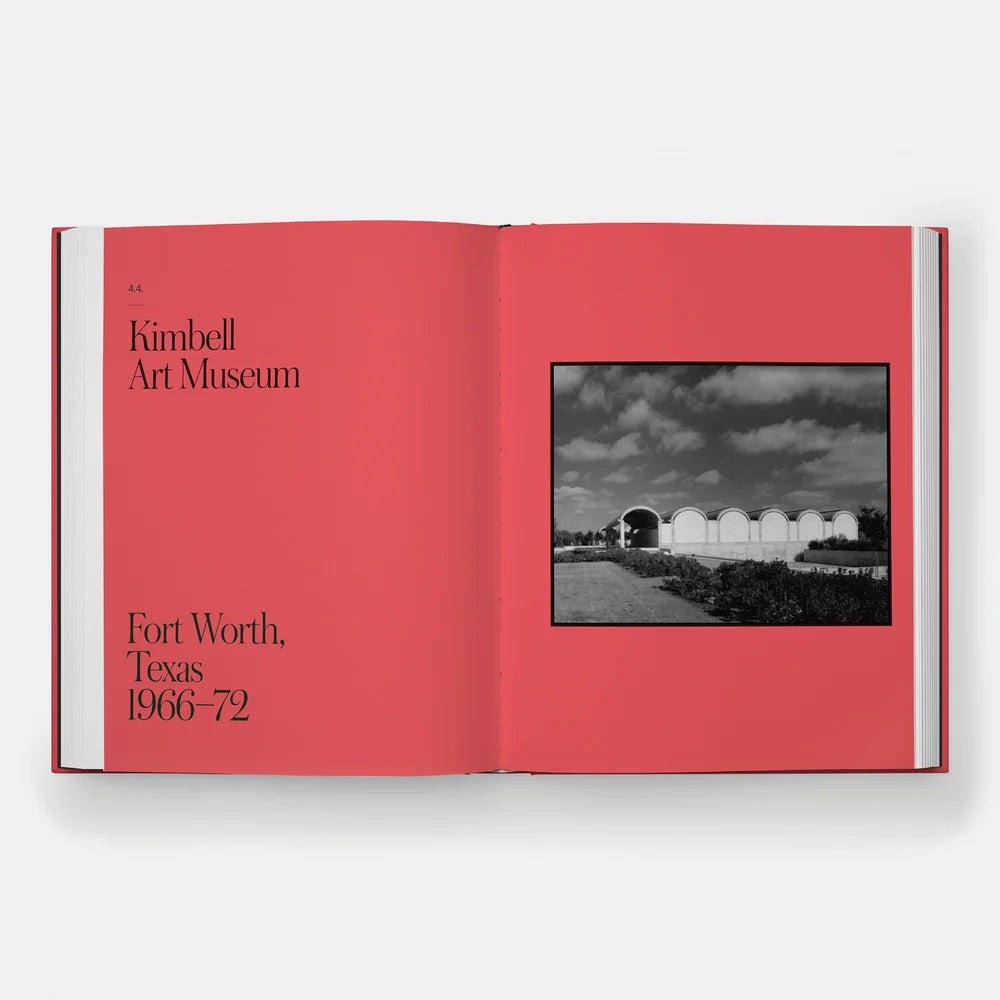 Open book with red cover displaying text and a black and white photo of the Kimbell Art Museum in Fort Worth, Texas.