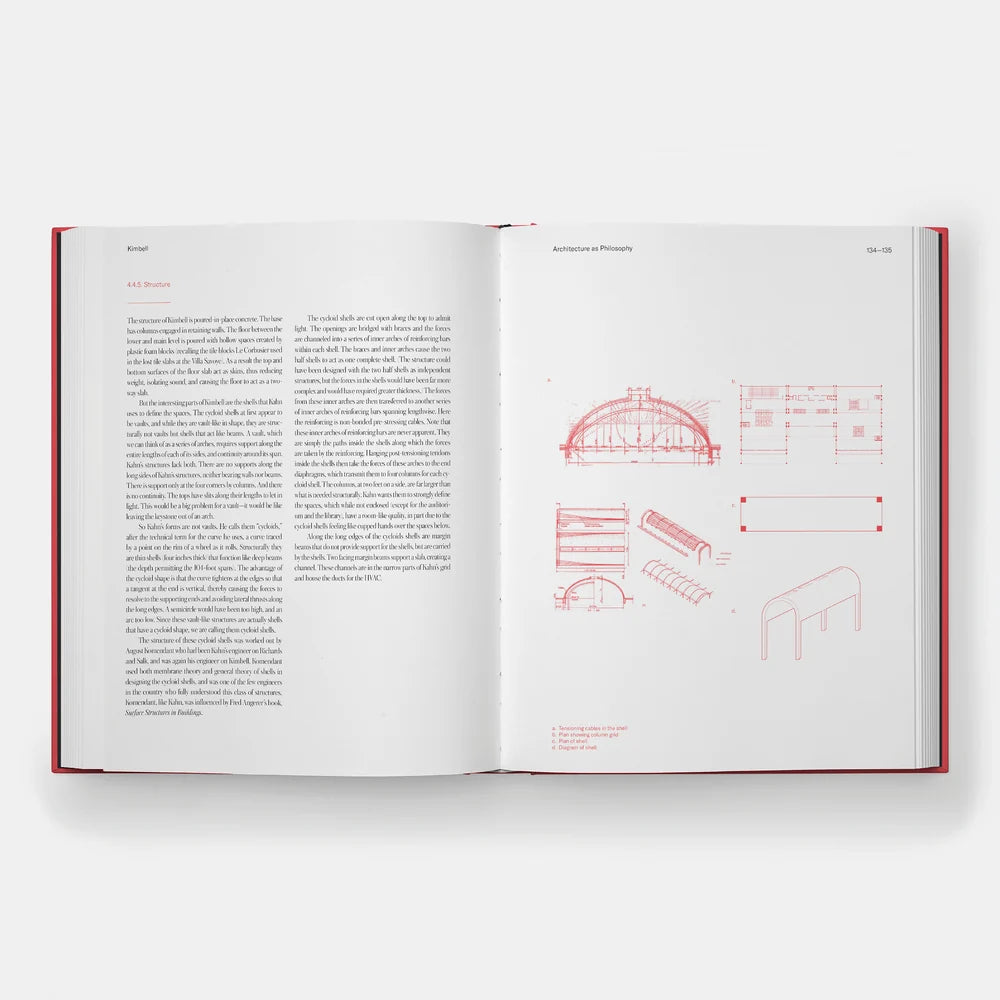 Open book with architectural diagrams and text on a white background