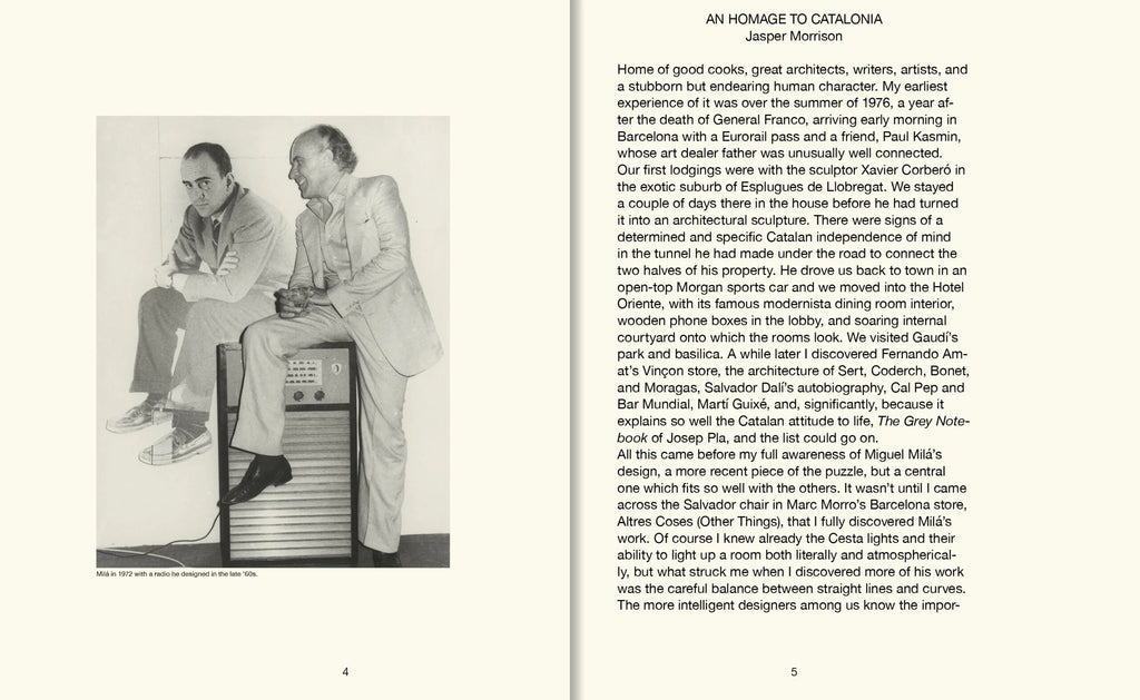 Page from a book with a black and white photo of two men sitting on a television set and text.