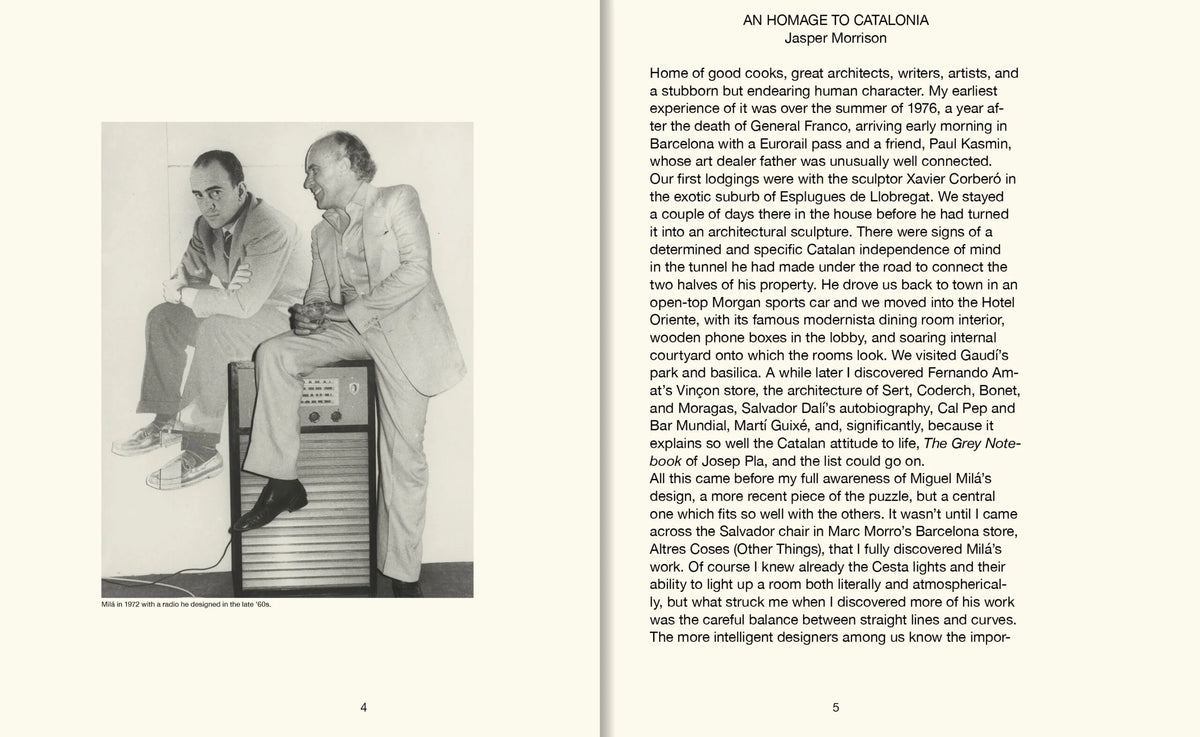 Page from a book with a black and white photo of two men sitting on a television set and text.