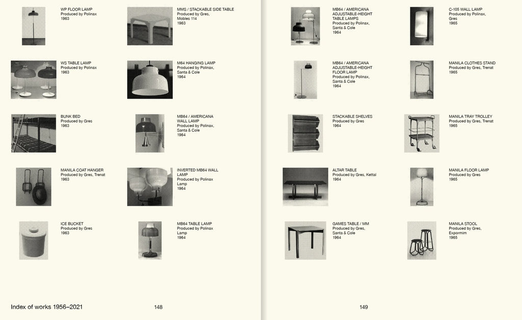 Catalog page with black and white images of lamps and furniture, labeled with product names and years.