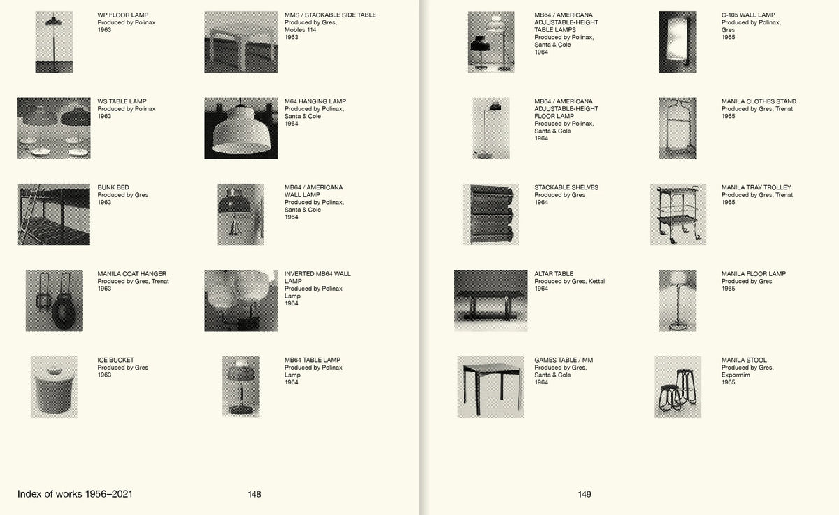 Catalog page with black and white images of lamps and furniture, labeled with product names and years.
