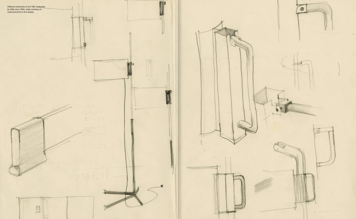 A spread of a sketchbook showing detailed technical drawings and concept sketches of a modern cabinet or door handle design, rendered in pencil on aged beige paper.