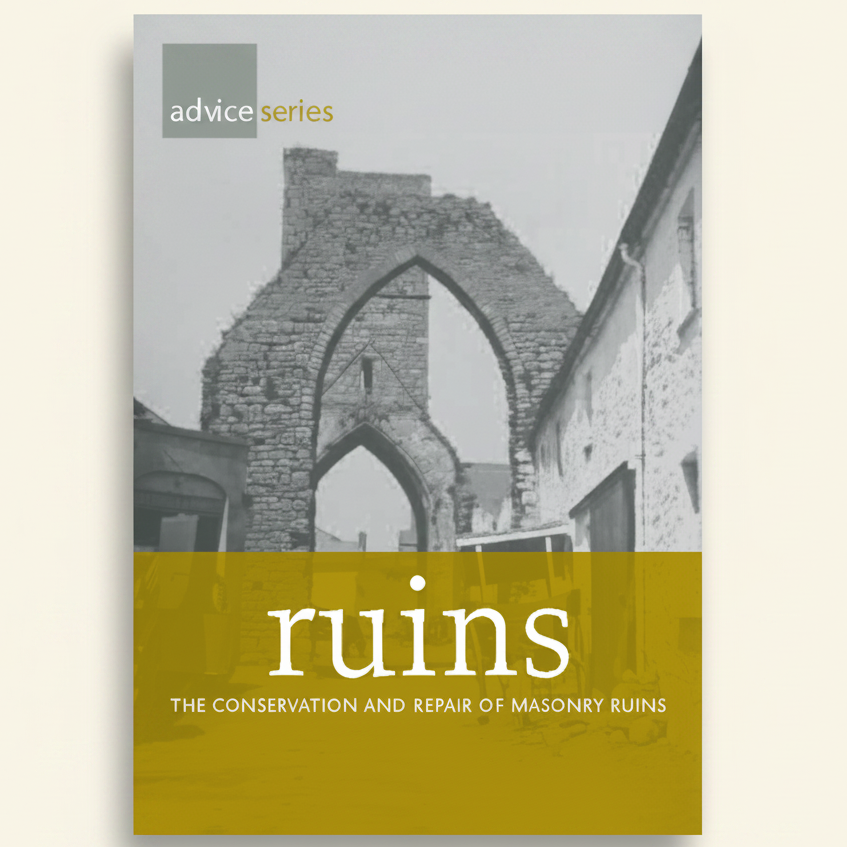 Book cover of 'Ruins: The Conservation and Repair of Masonry Ruins' with a gray and yellow design.