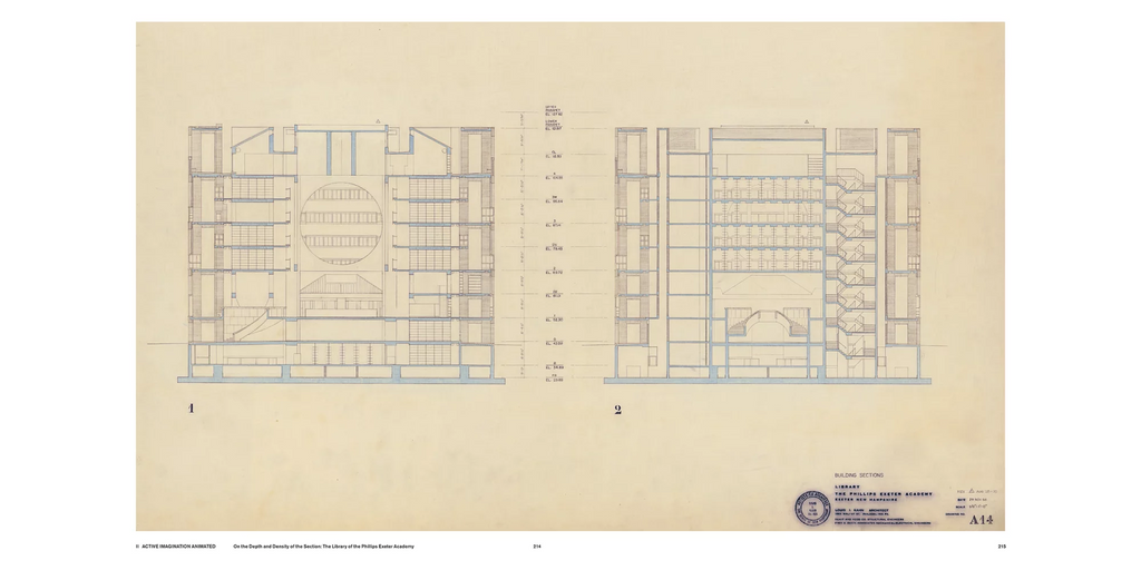 A vintage architectural floor plan print on aged beige paper, showing two detailed cross-sections labeled 1 and 2 with blue line drawings and measurements.
