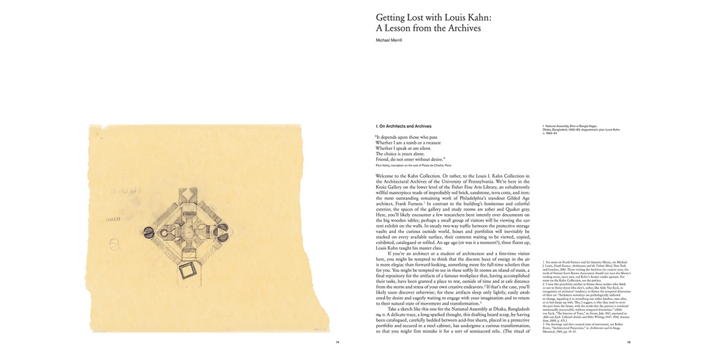 A book or journal page featuring a photograph of an aged, torn paper sheet with a hand-drawn architectural sketch, alongside printed text titled 'Getting Lost with Louis Kahn: A Lesson from the Archives' by Michael Ross.