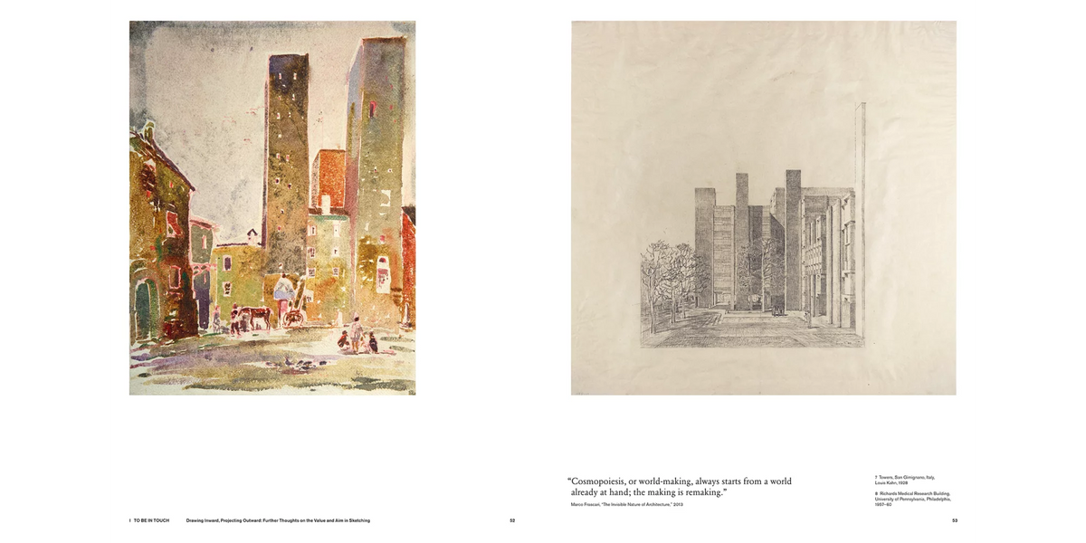 A two-page spread showing two architectural art prints side by side. The left print is a watercolor painting of a city street with tall buildings, and the right print is a monochrome architectural sketch of a building facade.