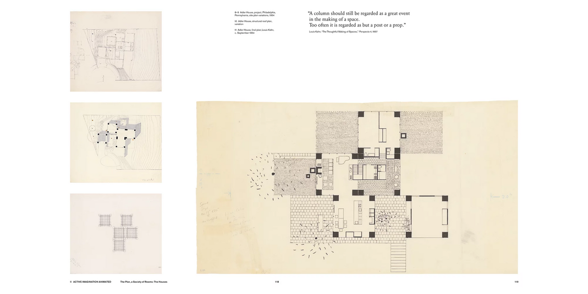 A printed architectural plan page with multiple hand-drawn floor plans and notes, shown on a cream paper background with a thin dark border.