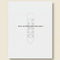 Book cover with architectural illustration and text 'slow architecture and place' on a white background