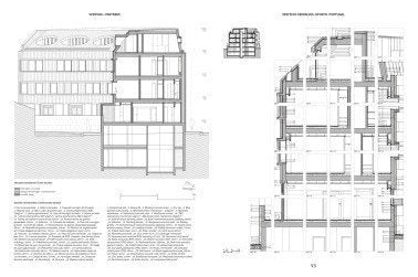 An architectural design print featuring black and white technical drawings, including a building cross-section on the left and a detailed floor plan on the right, set against a solid white background.