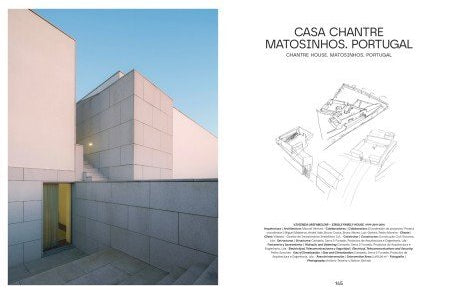 A book or magazine spread page featuring a photograph of a modernist building facade on the left and architectural text and line drawings on the right, titled 'CASA CHANTRE MATOSINHOS, PORTUGAL'.