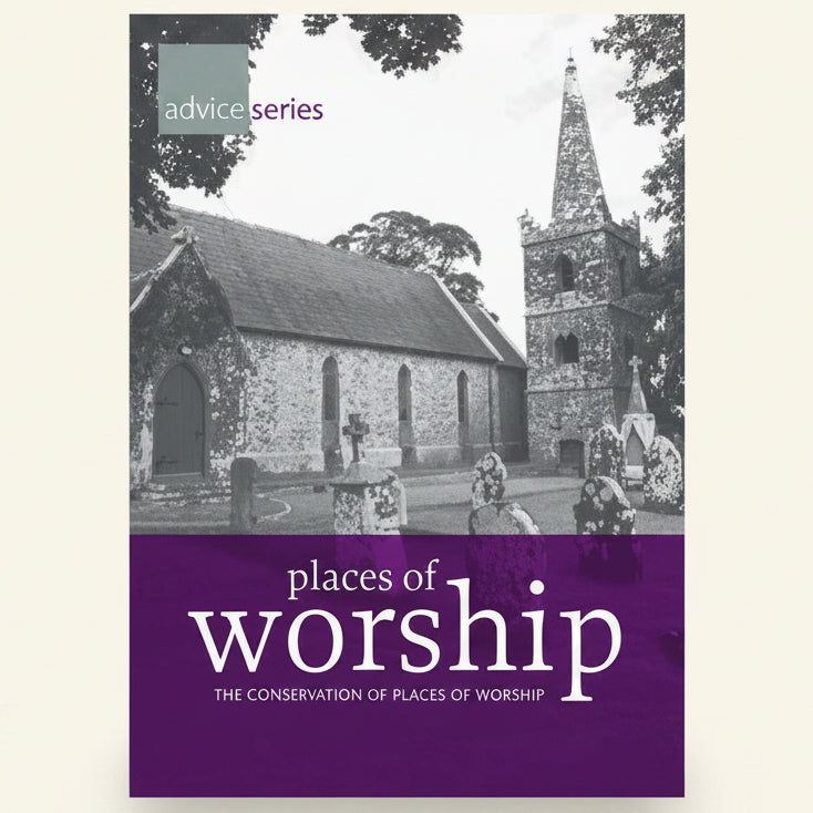 Book cover of 'Places of Worship' with a church image and purple banner.